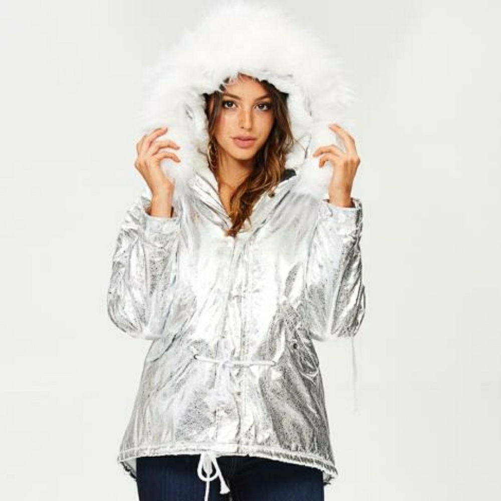 Silver Parka Jacket with Fur Hood